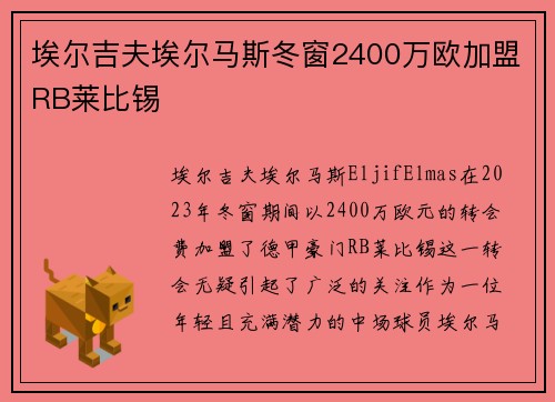 埃尔吉夫埃尔马斯冬窗2400万欧加盟RB莱比锡 埃尔吉夫埃尔马斯冬窗2400万欧加盟RB莱比锡